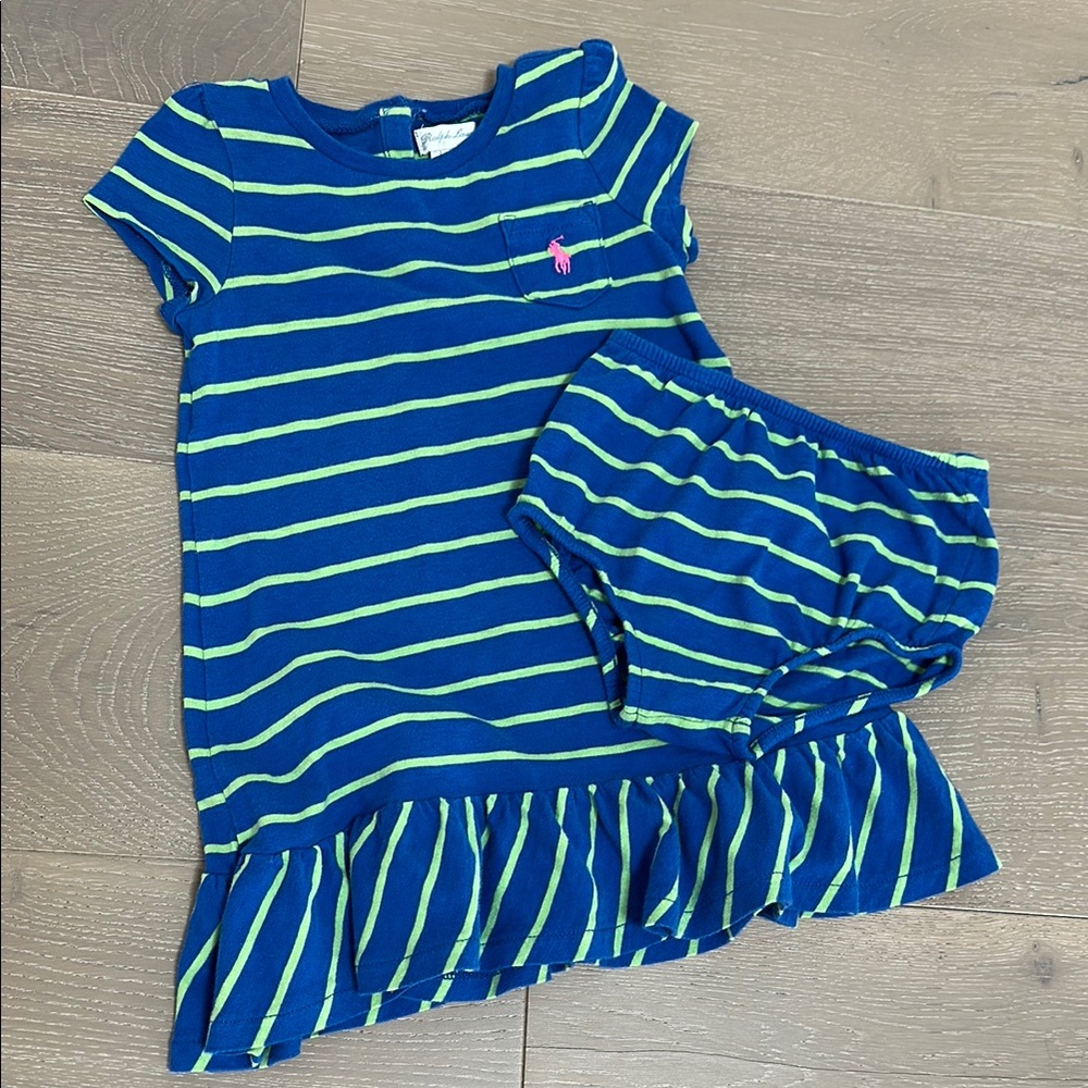Ralph Lauren Baby Girl Blue/Green Striped Dress/Bloomers